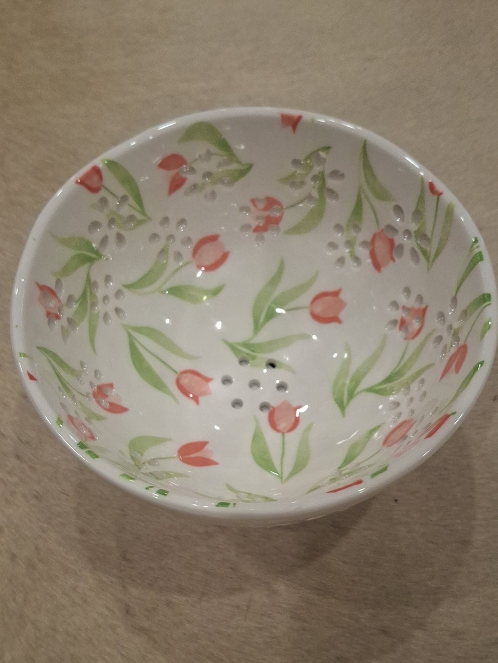 White Ceramic Colander Bowl with Pink Tulip Motif